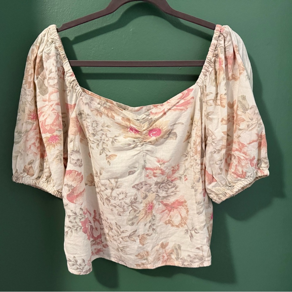 H&M Linen Blend Floral Puff Sleeve Top